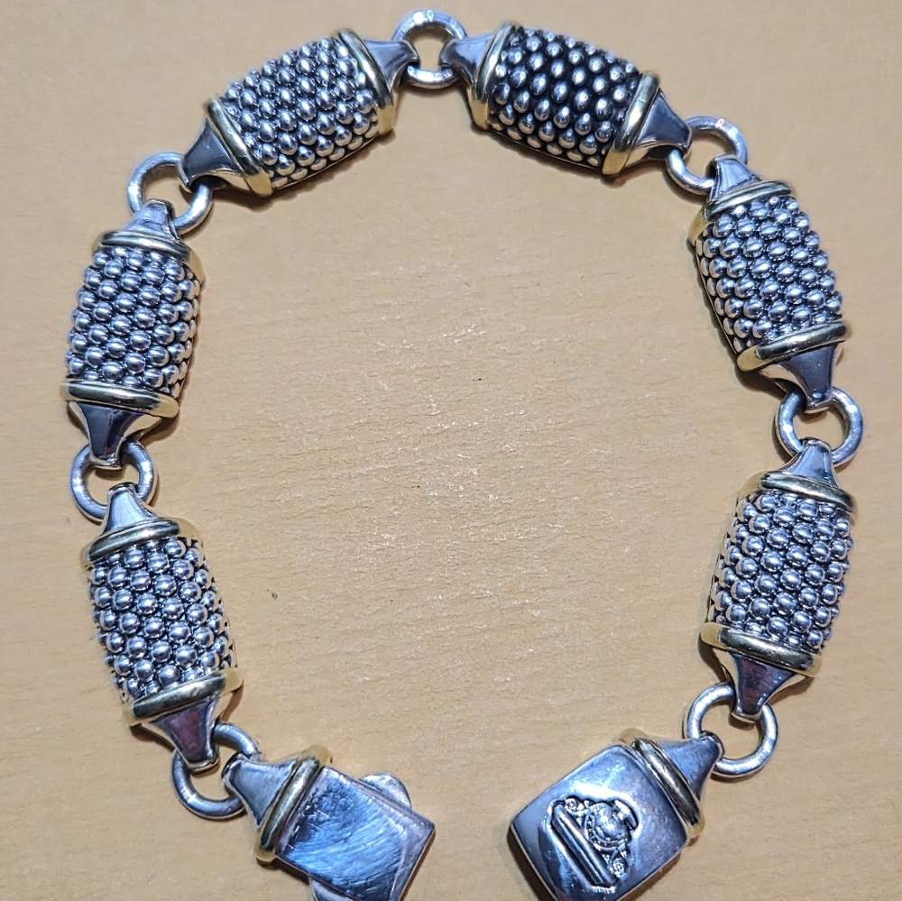 LAGOS Caviar Link Ladies Bracelet in Sterling Silver & 18k Gold Accents Sz 7.5"